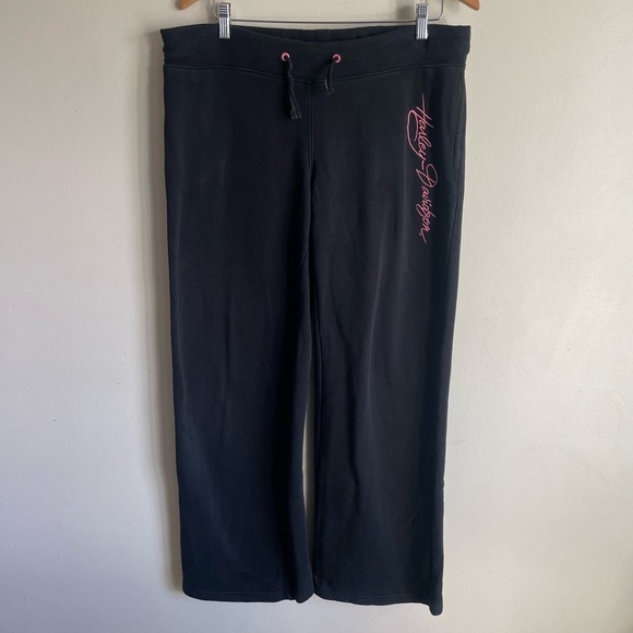 Harley Davidson Wide Leg Sweat Track Pant Pull On Black Pink Size Large - Picture 1 of 8